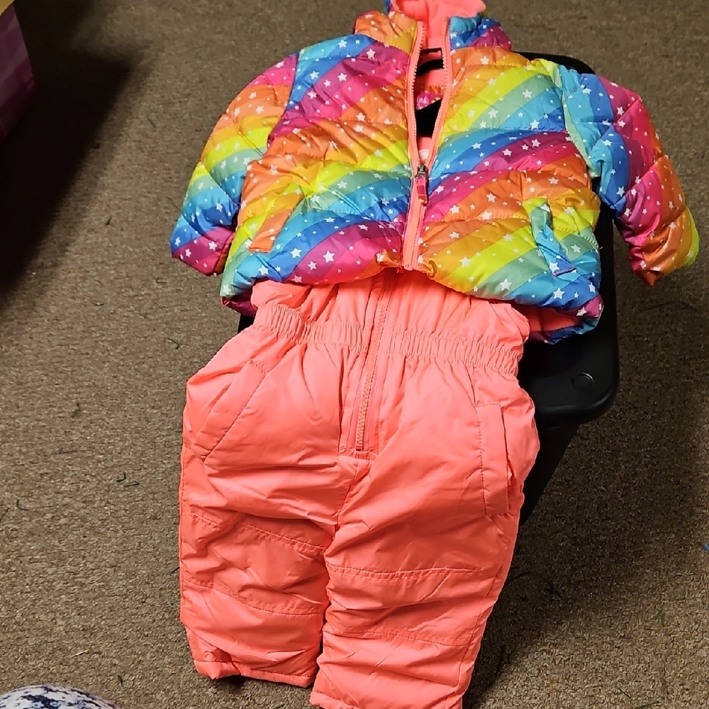 Pink Platinum 12 Months Colorful Rainbow Puffer Jacket and Coral Pants Set
